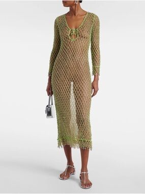 Self‑Portrait Green Beaded Fishnet Cover-Up midi Dress